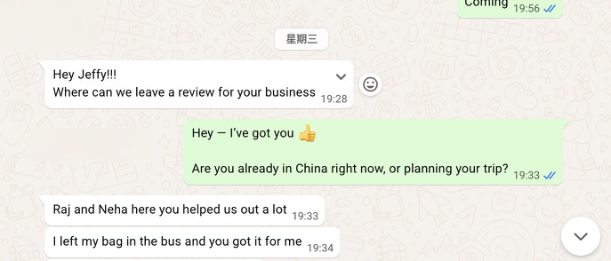 Real WhatsApp feedback after Jeff helped recover a lost bag